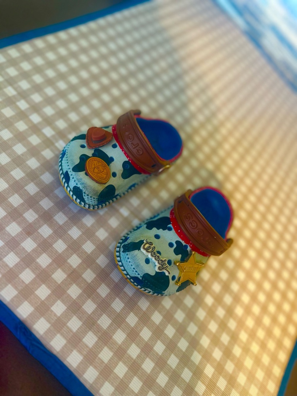 Kids Clog Shoes in Blue and Red with Decorative Charms